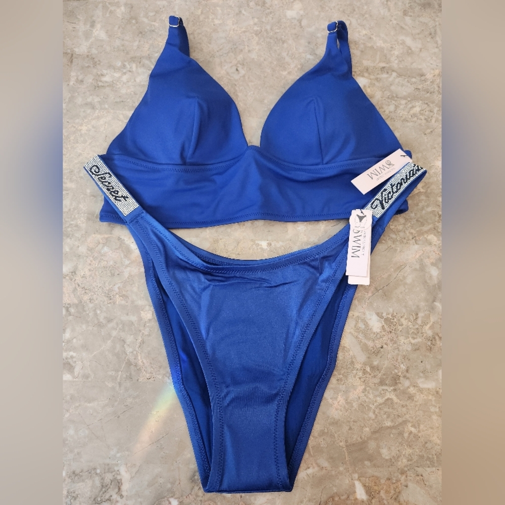L XL VS Swim Longline Triangle Shine Strap Brazilian Bikini Set Blue Tropical